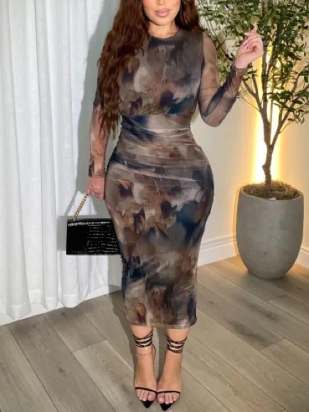 Sheer Long-Sleeve Bodycon Midi Dress in Brown Tie-Dye